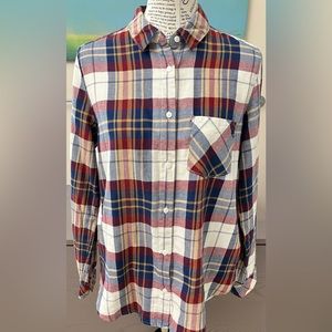 L..O.G.G. H&M Women’s Plaid Earth Tones Flannel Brick Red Tan Blue Button Up 8